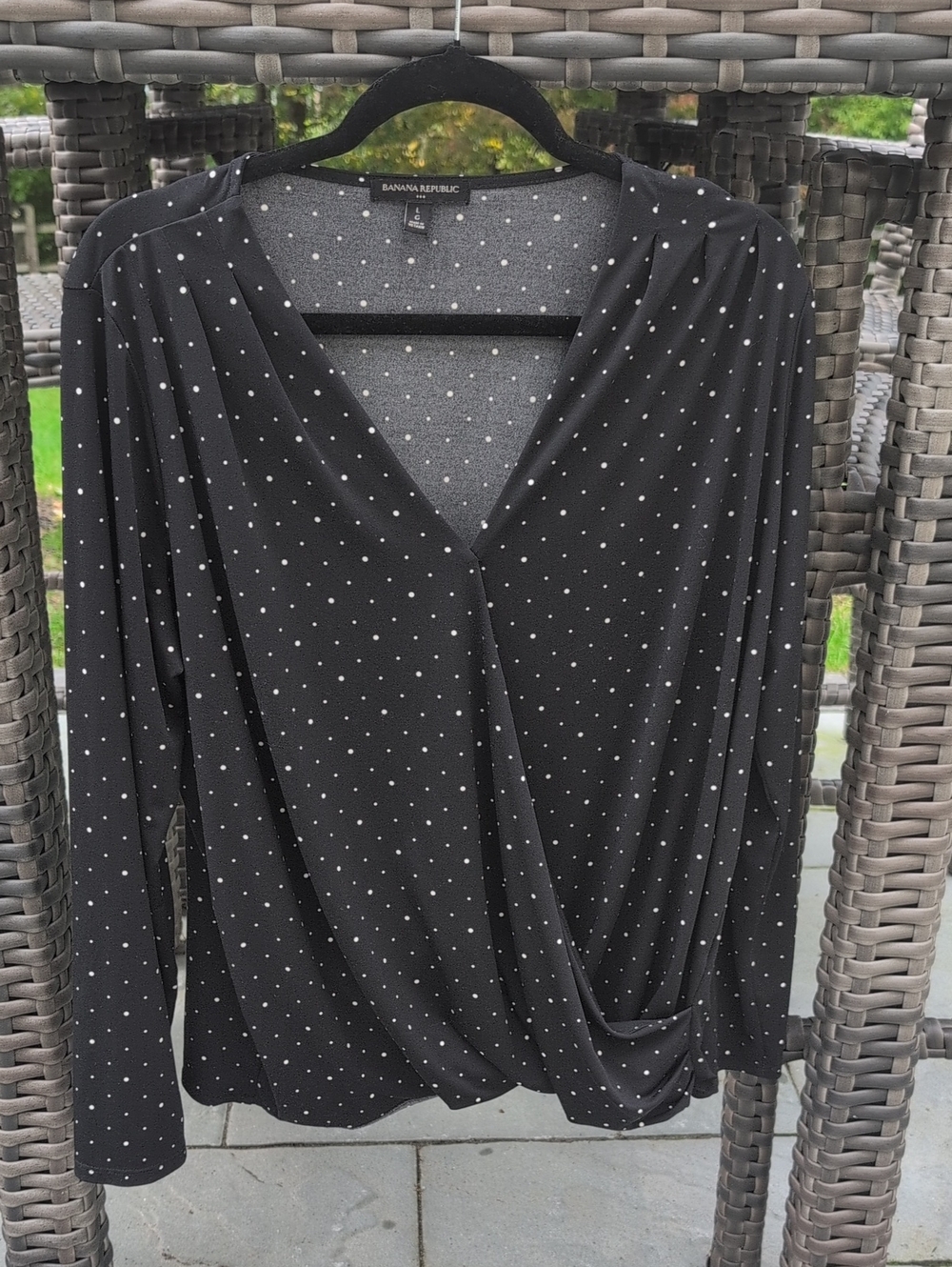 Banana Republic Black Long Sleeve Wrap-Front Polka Dot Top Size L